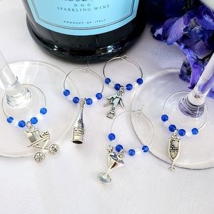 "Happy Hour" Blue & White Beaded Wine Glass Marker Set w/ Tibetan Silver Charms